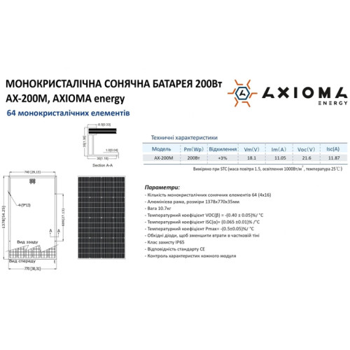 Сонячна батарея AXIOMA Energy AX-200M 200W